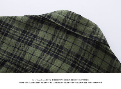 Vintage Sanded Green Plaid Long Sleeve Shirt – Loose Unisex Casual