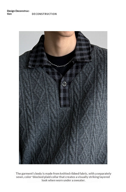 Wool Blend Patchwork Twisted Polo Collar Knit Jacket – Japanese Vintage Unisex – Sweater pullover | japanese streetwear | vintage workwear | unisex | Yamalinclothes