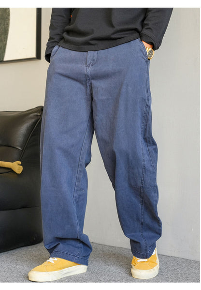 Blue Vintage Utility Pants, Heavy-Duty Washed Distressed Casual Loose Wide-Leg Men's Long Pants Made of Pure Cotton