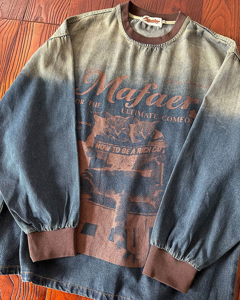 Washed Gradient Graffiti Print Denim Sweatshirt – Loose Wide-Cut Unisex Vintage