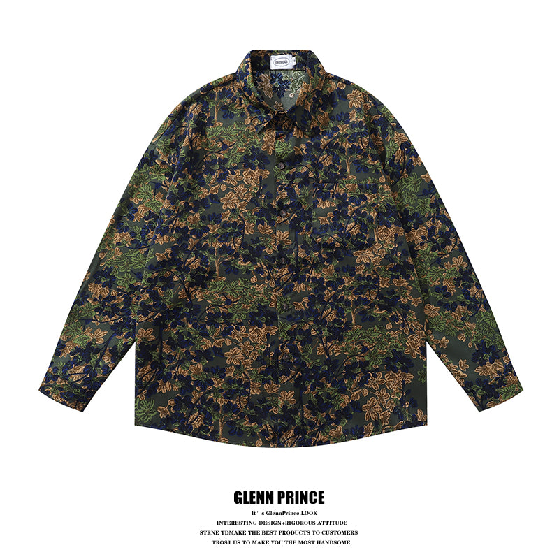 Japanese Style Trendy Floral Print Long Sleeve Shirt for Men Autumn Travel Vacation Lazy Casual Floral Shirt