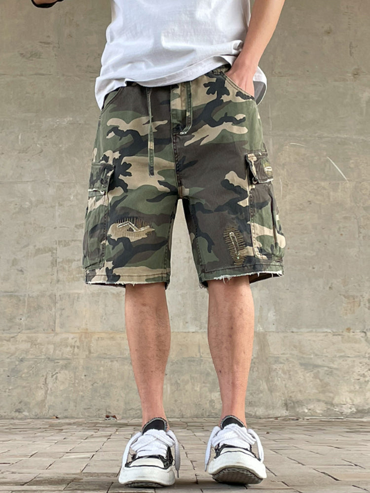Men's American Street Retro Cargo Pants - Camouflage Heavy Washed Ripped Straight-Leg Pants