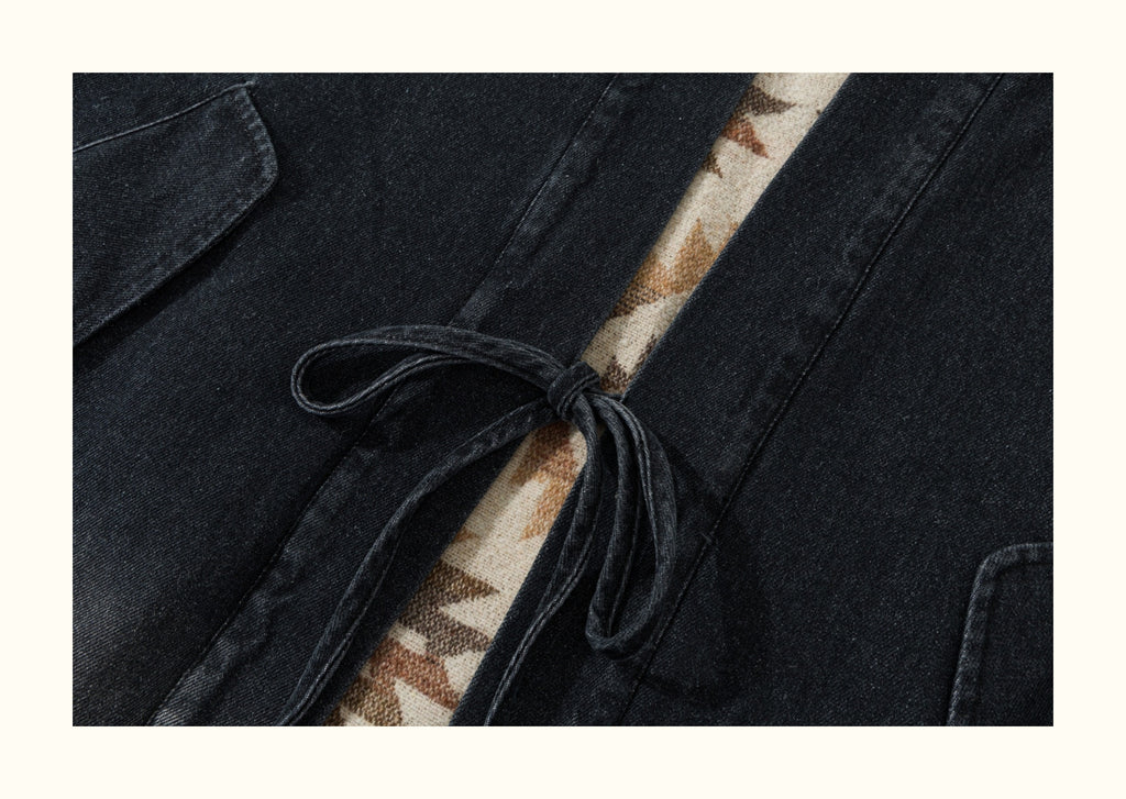 Reversible Ethnic Jacquard “Dao Robe” Denim Cardigan – Oversized Lace-Up Coat for Autumn