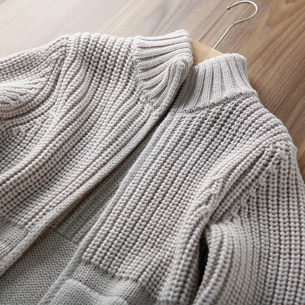 Italian Pure Wool Stand-Collar Cardigan – 100% Heavyweight Knit Sweater Jacket for Autumn/Winter