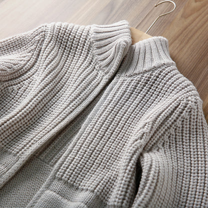 Italian Pure Wool Stand-Collar Cardigan – 100% Heavyweight Knit Sweater Jacket for Autumn/Winter