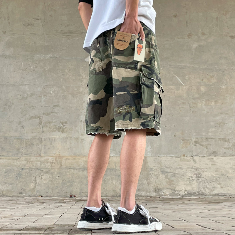 Men's American Street Retro Cargo Pants - Camouflage Heavy Washed Ripped Straight-Leg Pants