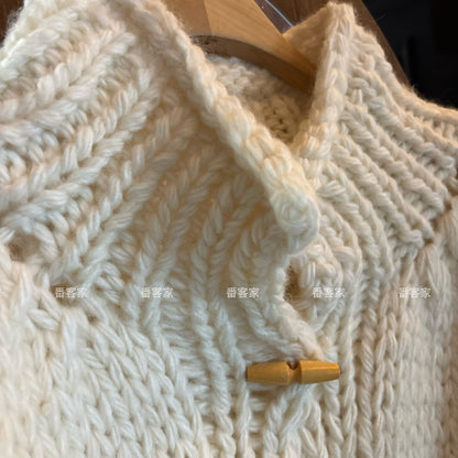 Women's High-End Wool Knitted Cardigan - Autumn Winter Lazy Style High Collar Horn Button Short Loose Top