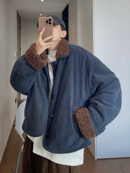 Dannyandzee Navy Blue Corduroy Plush Jacket - Coffee Cloud Warm Coat (Unisex)