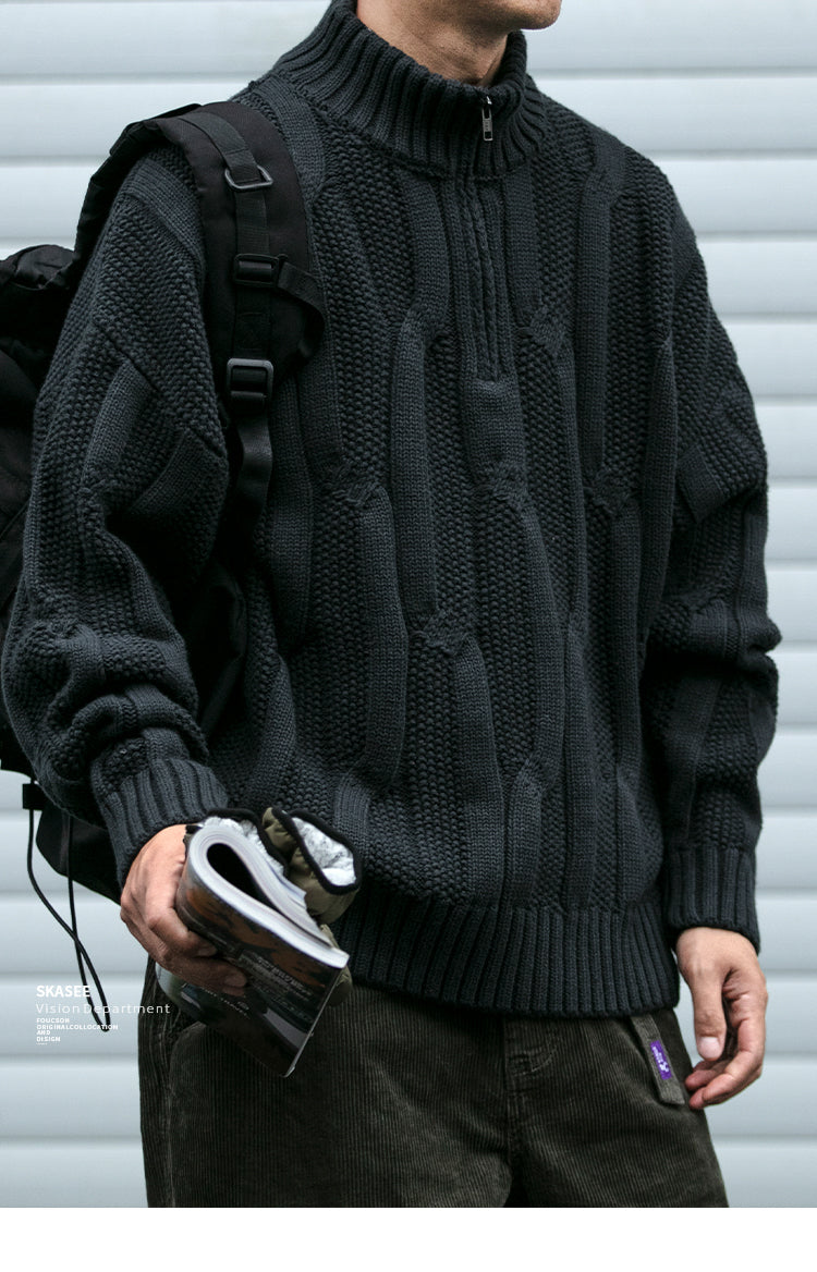 Men's Winter Heavyweight Cable Knit Sweater - American Retro Half-Zip Stand Collar