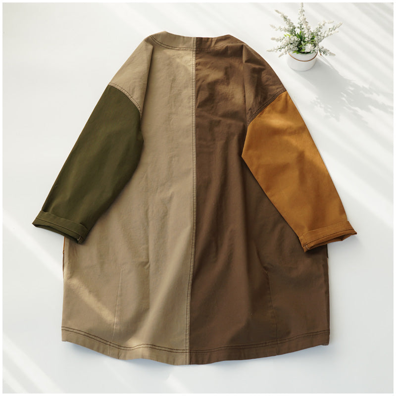 Color-Block Mid-Length Trench Coat – Japanese Retro V-Neck Single-Breasted Jacket