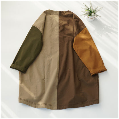 Color-Block Mid-Length Trench Coat – Japanese Retro V-Neck Single-Breasted Jacket