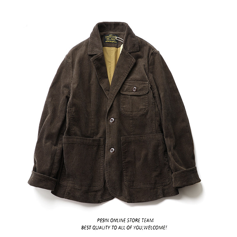 American Retro Amekaji Corduroy Safari Blazer - Casual Suit Jacket (Men)