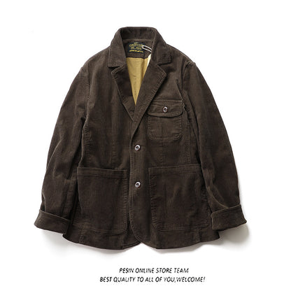 American Retro Amekaji Corduroy Safari Blazer - Casual Suit Jacket (Men)