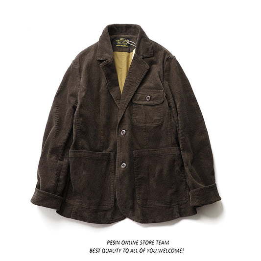 American Retro Amekaji Corduroy Safari Blazer - Casual Suit Jacket (Men)