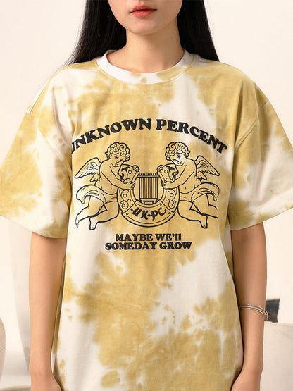 UKPC Unisex Tie-Dye Short Sleeve - Guochao Print Loose Couple Cotton Tee