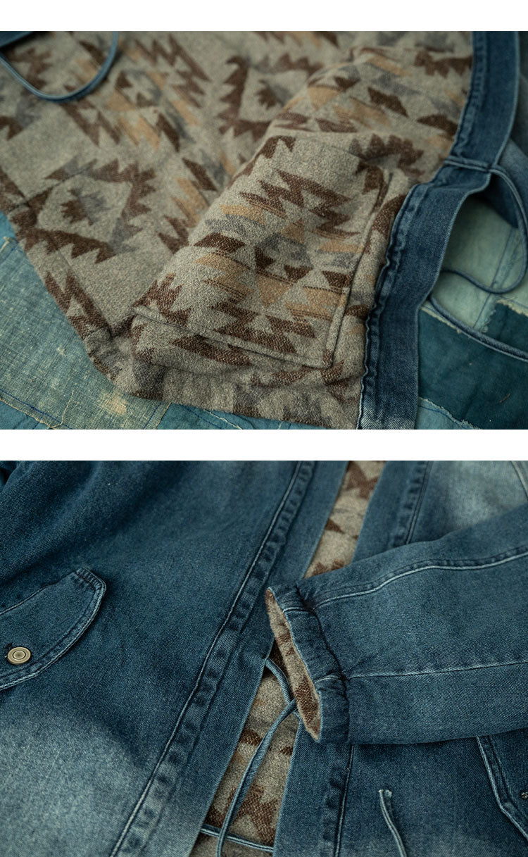 Vintage Ethnic-Style Reversible Denim Jacket – Japanese Retro Unisex Coat
