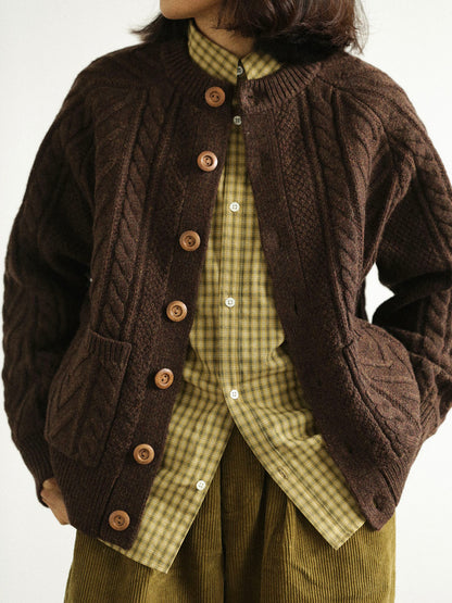 Traditional Aran Fisherman Sweater – Jacquard Knit Crewneck Cardigan (Unisex)