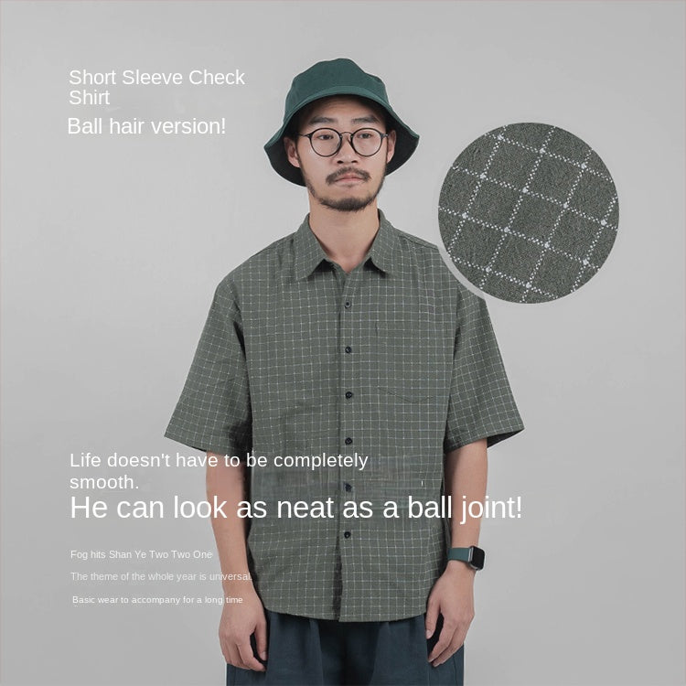 Summer Plaid Short Sleeve Shirt Fleece Unisex Loose Japanese Style Literary Casual Thin Versatile Shirt