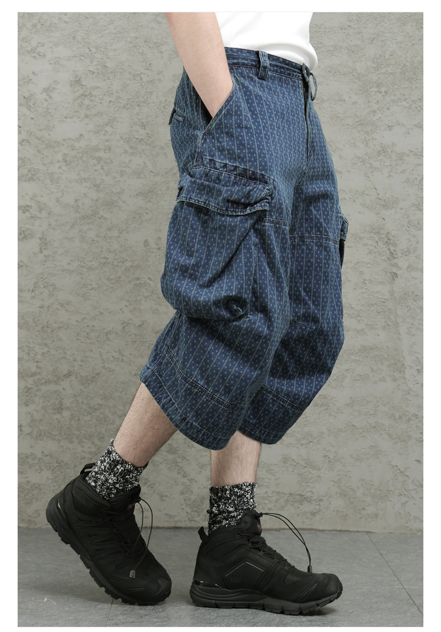 Blue Dyed Jacquard Loose Fit Scimitar Cropped Pants Japanese Retro Style with Large Pockets Casual Mid-Length Shorts