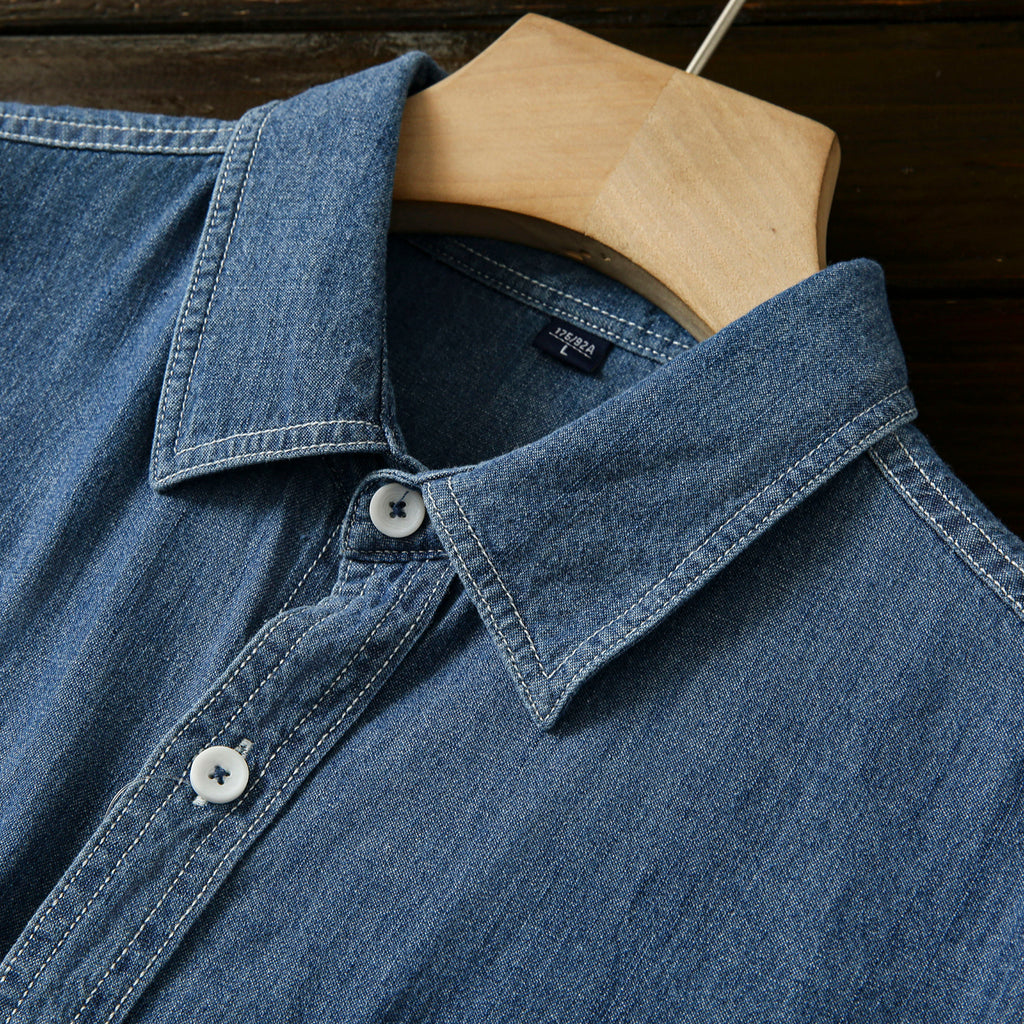 Pure Cotton Enzyme Wash! Export Surplus Men's Summer Turn-down Collar Denim Short Sleeve Shirt Top