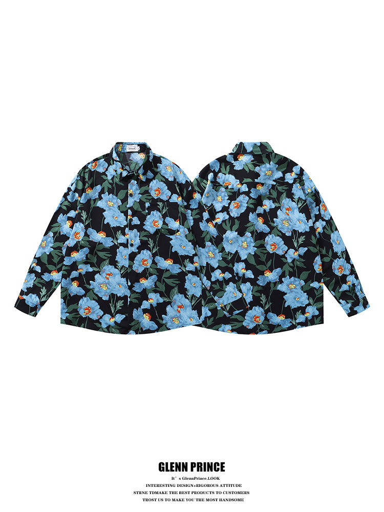 Resort Style Blue Floral Full Print Long Sleeve Shirt for Men 2025 Autumn New Hawaiian Floral Shirt