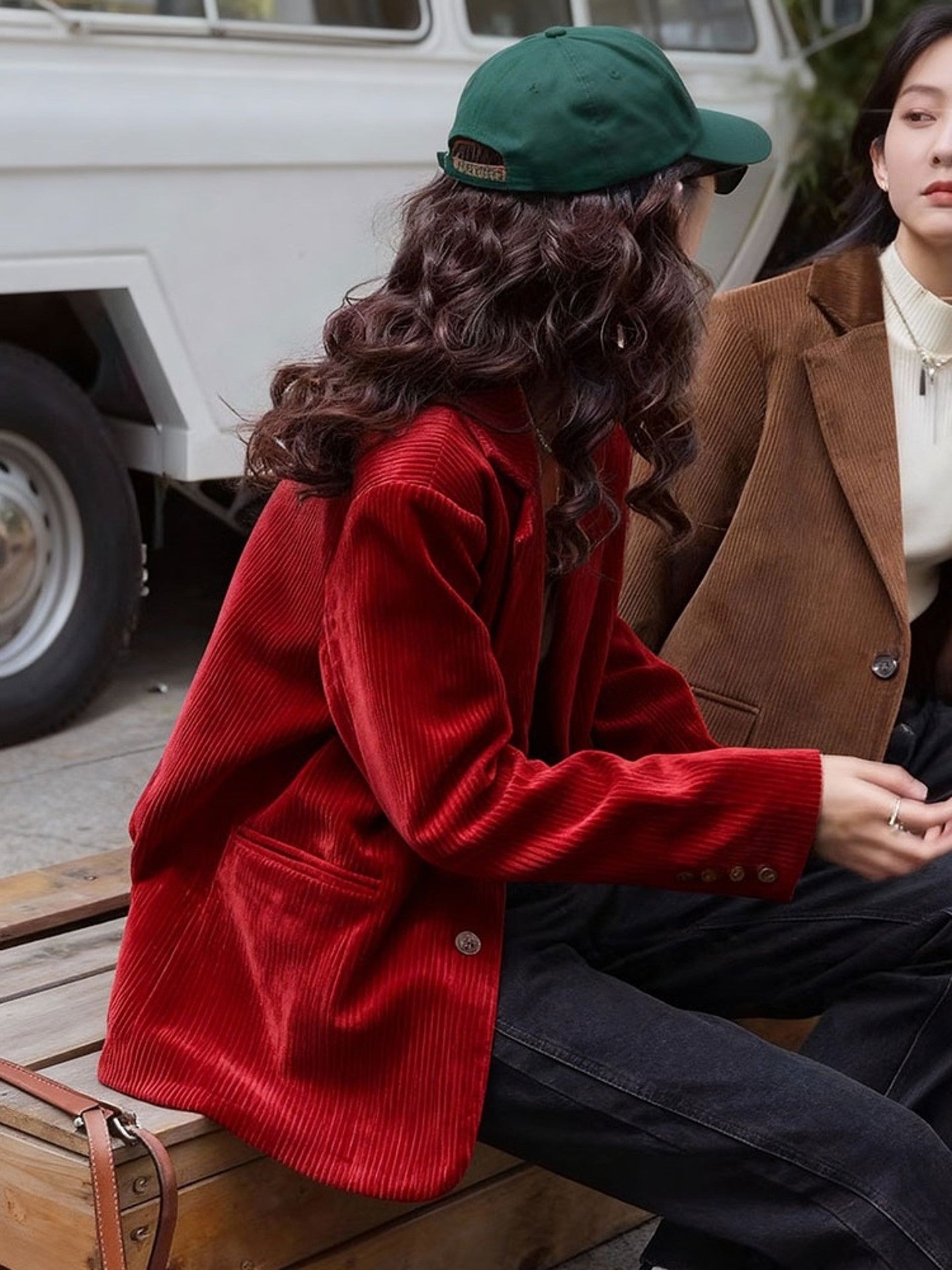 Christmas Red Corduroy Chanel-Style Jacket - Chenille Short Coat (Women)