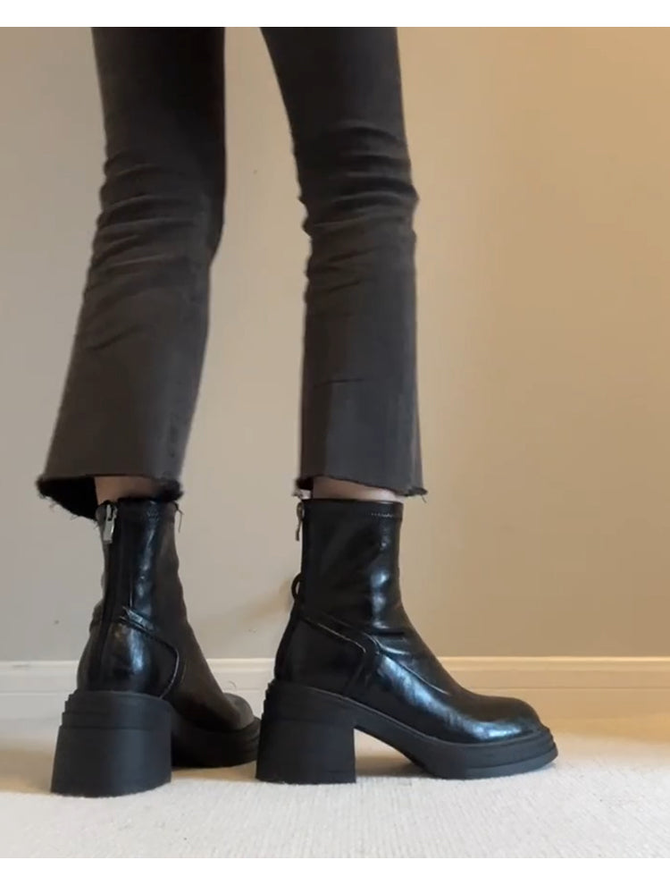 Women's Retro Genuine Leather Martin Boots - Brown Cowhide Thick-Soled Back-Zip Chunky Heel Boots