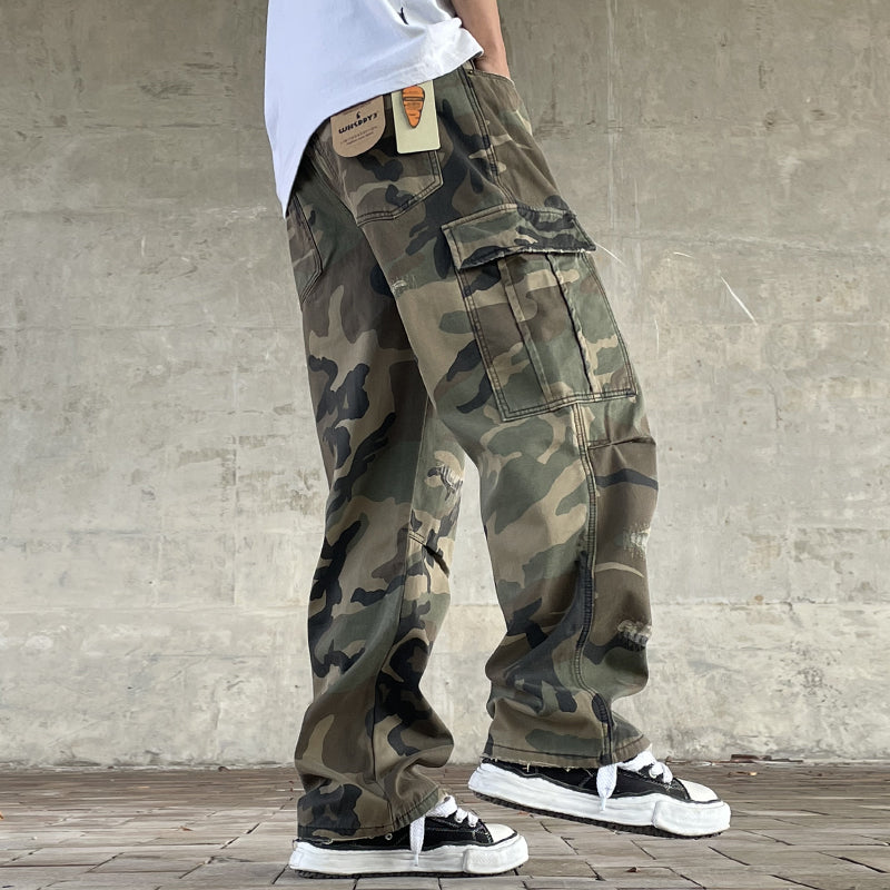 Men's American Street Retro Cargo Pants - Camouflage Heavy Washed Ripped Straight-Leg Pants