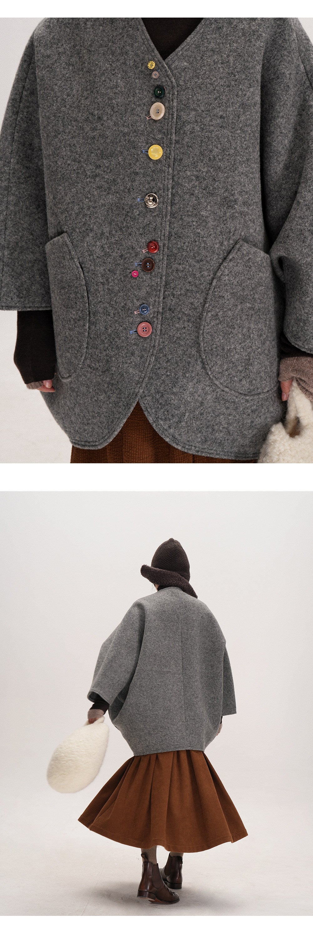 Smoke Gray Composite Wool Batwing Sleeve Cardigan - Irregular Button Coat (Women)