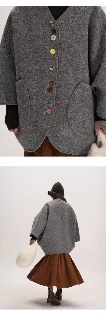Smoke Gray Composite Wool Batwing Sleeve Cardigan - Irregular Button Coat (Women)