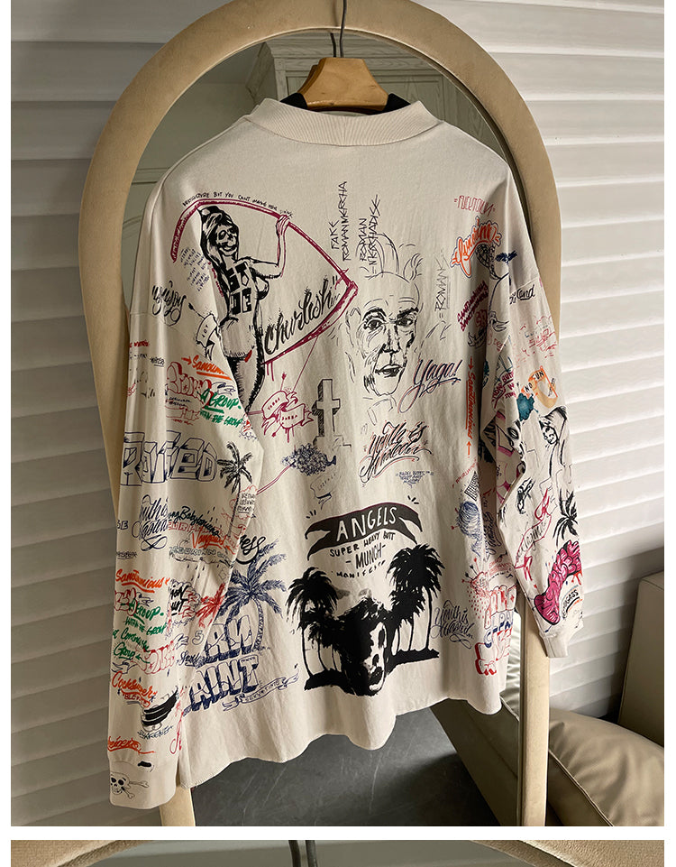 Quan Zhilong “Saint Michael” Rhinestone Graffiti Long-Sleeve Tee – Unisex Streetwear Vintage Base