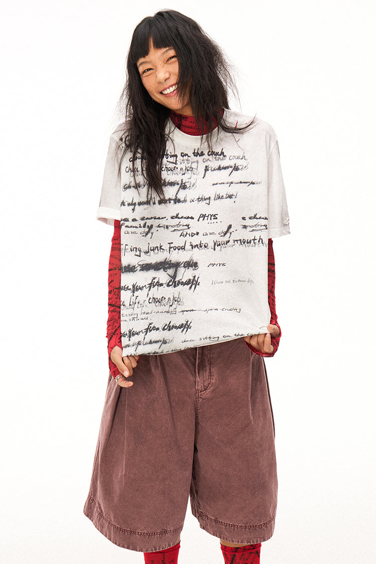 Handwritten Print Soft Skin-friendly Distressed Loose Short Sleeve T-shirt