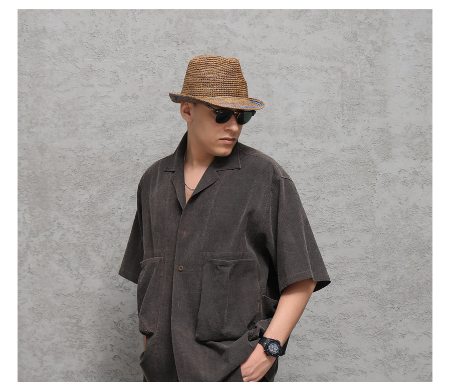 Wild Silk Cuban Collar Half Sleeve Shirt Men's Dye Yam Dyed Tussah Silk Aloha Retro Short Sleeve Shirt Summer