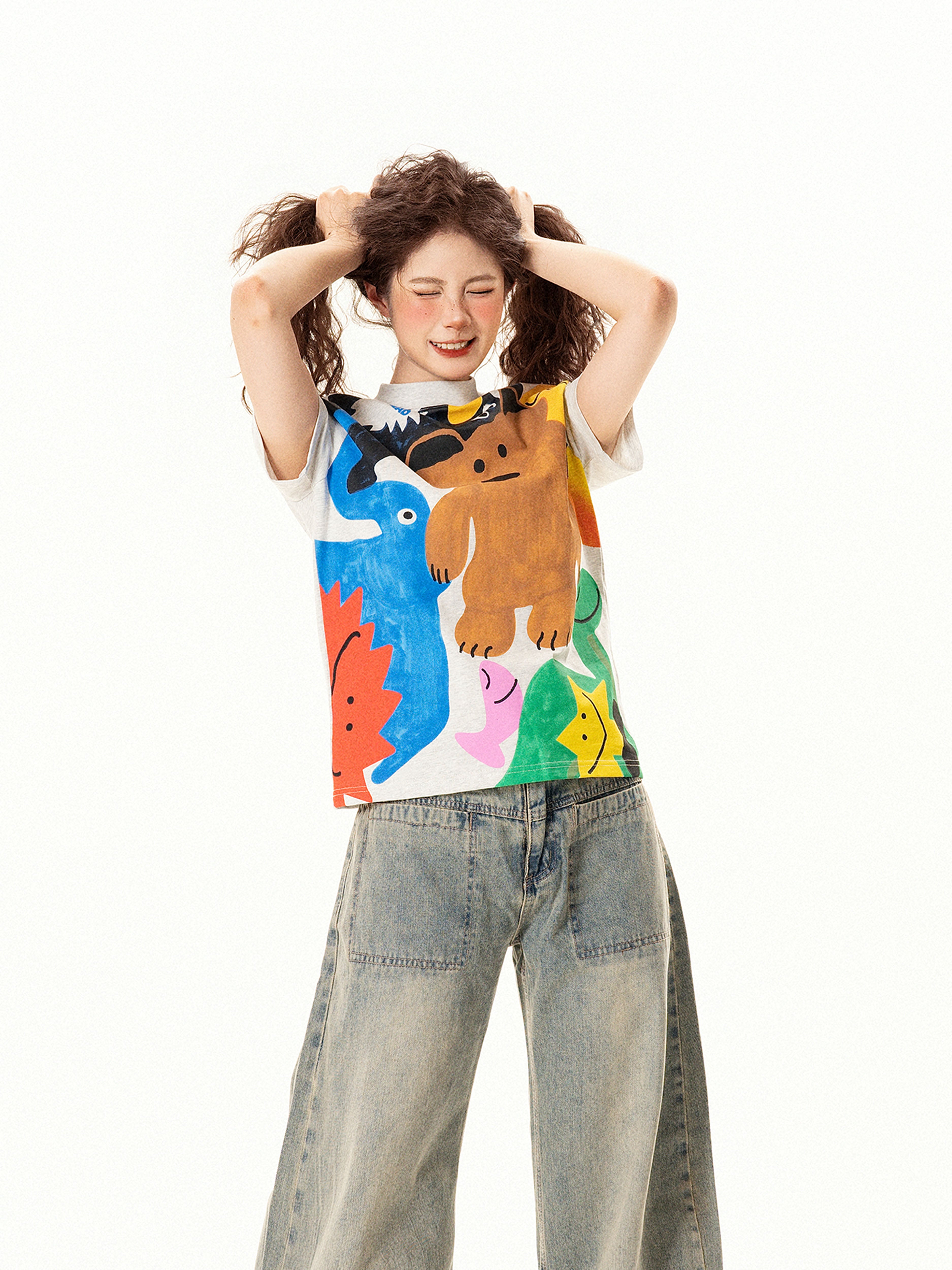 Vintage Fun Cartoon Print Regular Shoulder Short Sleeve T-Shirt for Women Summer Niche Design Slim Fit Top