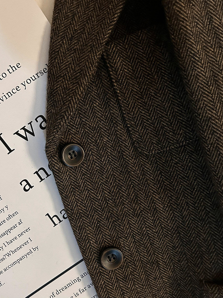 Coffee Retro Herringbone Wool Blazer - High-End Fashion Jacket 2025 (Women)