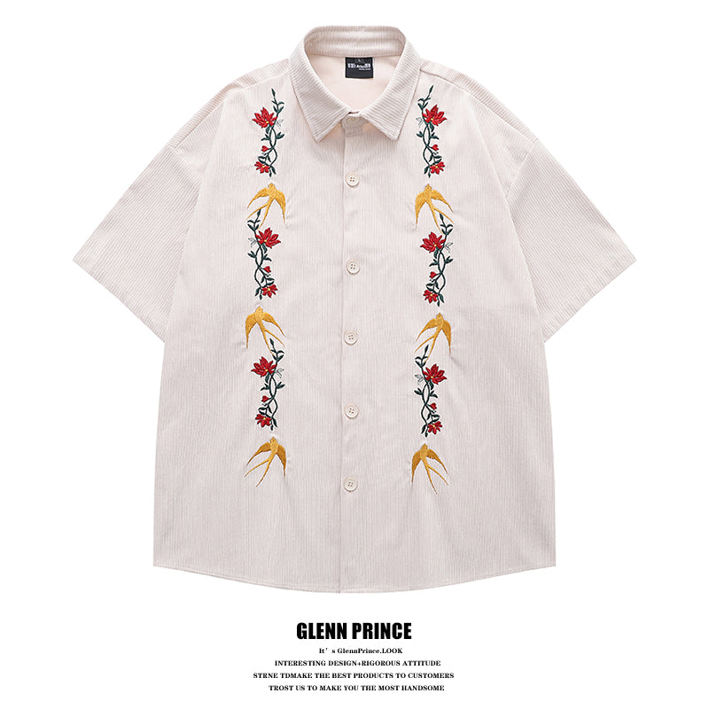 American Retro Floral Embroidery Corduroy Short Sleeve Shirt for Men Summer Trendy Brand Niche Loose Shirt