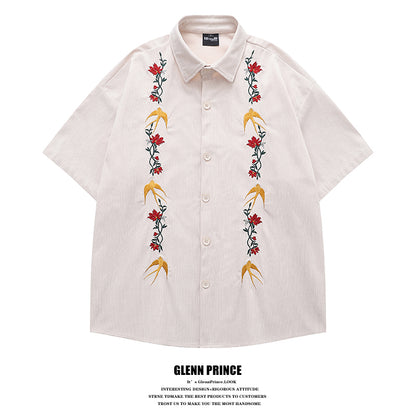 American Retro Floral Embroidery Corduroy Short Sleeve Shirt for Men Summer Trendy Brand Niche Loose Shirt