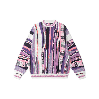 Vintage Pop Style Bitter Melon Striped Ethnic Sweater