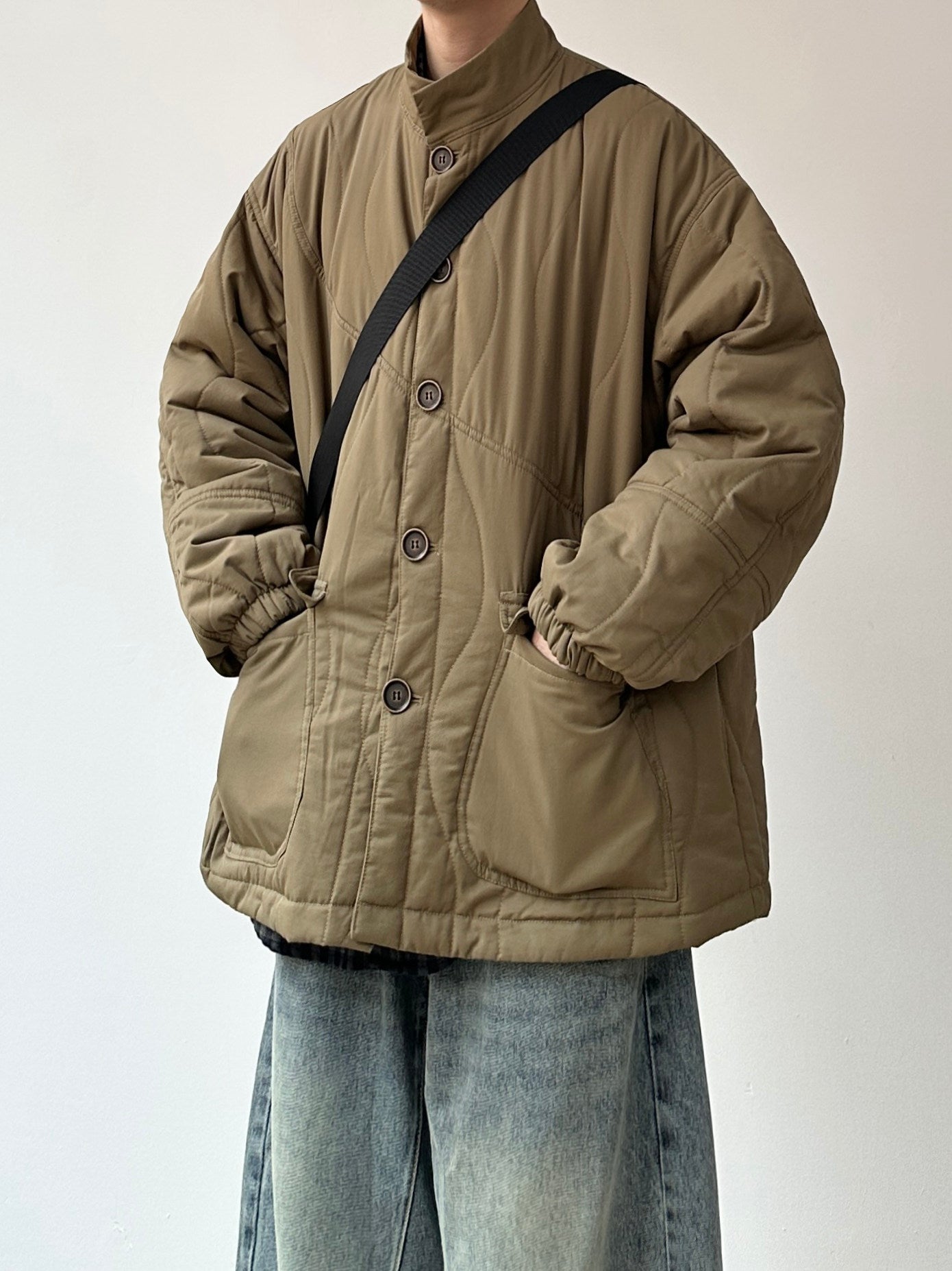 JOYZONE Japanese Retro Stand Collar Cotton Jacket - Large Pocket Workwear Coat (Men)