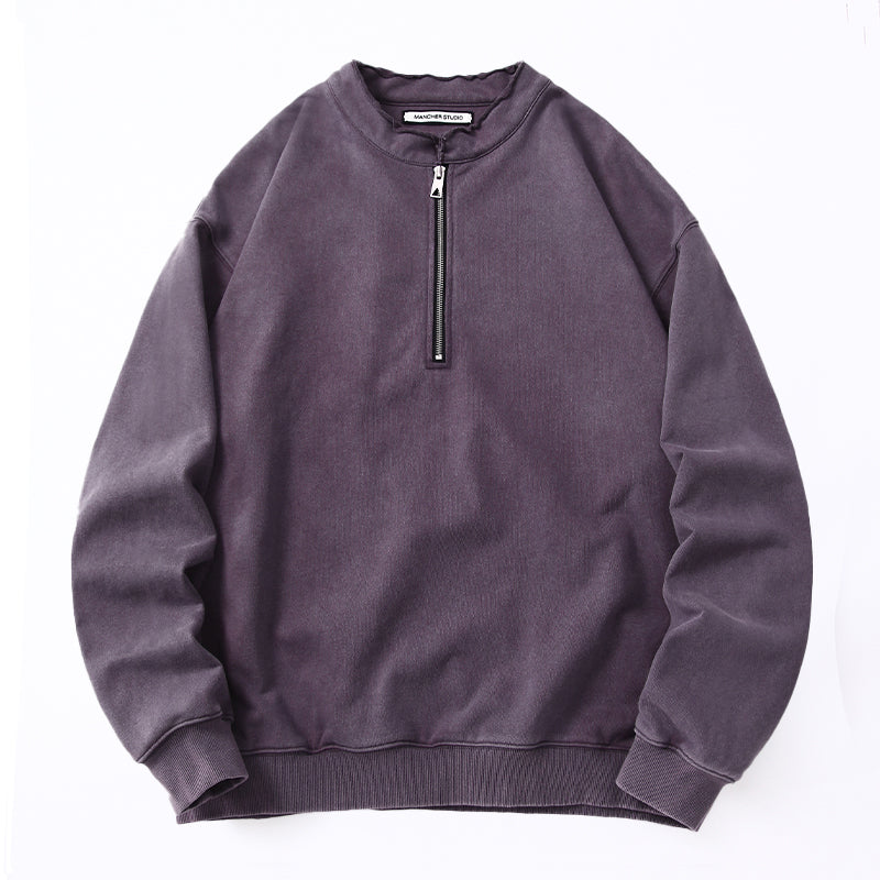 Unisex 465g Washed Vintage Sweatshirt - Boxy Half-Zip Snowflake Knit Pullover