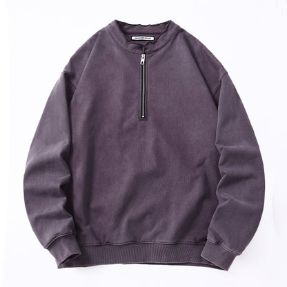 Unisex 465g Washed Vintage Sweatshirt - Boxy Half-Zip Snowflake Knit Pullover