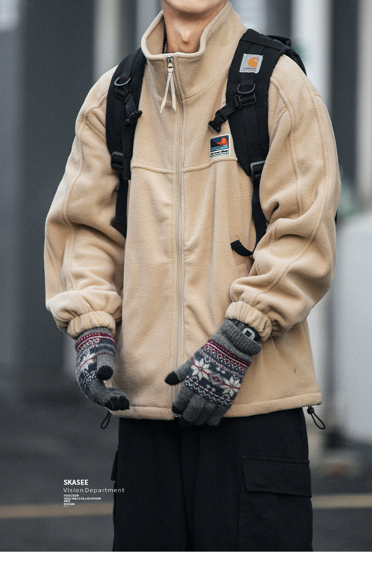 25 Winter Fleece Cardigan Cotton Jacket Men's Trendy Loose Couple Sweatshirt Men's BF Style Stand Collar Casual Top Coat