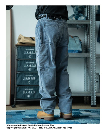 Japanese Retro Washed Beaded Canvas Work Pants – Loose Wide-Leg Unisex