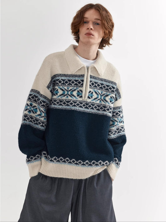 Coke Life Carpem Unisex Retro Fair Isle Sweater Jacket - Autumn Wool Zipper Loose Lazy Style Top