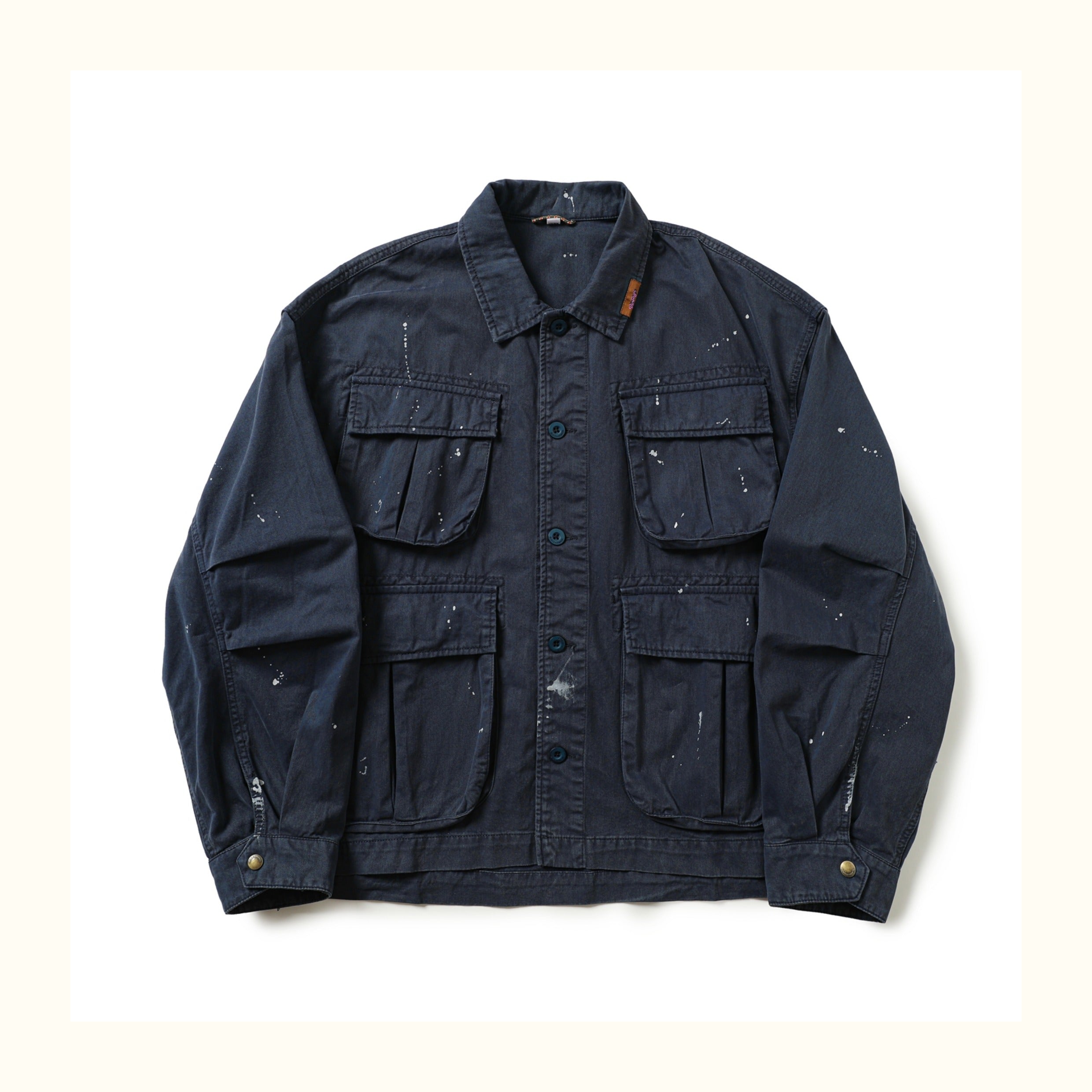 Heavy-Duty Washed Multi-Pocket Workwear Jacket – Ink-Splattered, Turn-Down Collar (Unisex)