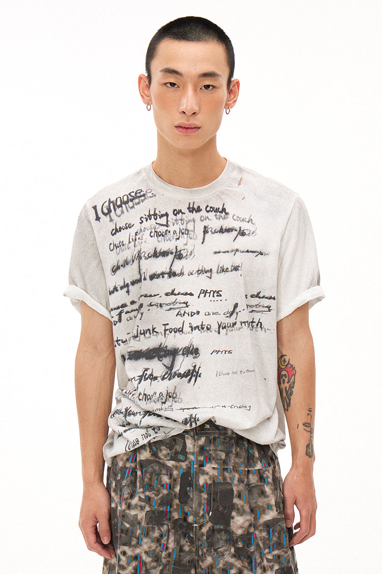 Handwritten Print Soft Skin-friendly Distressed Loose Short Sleeve T-shirt