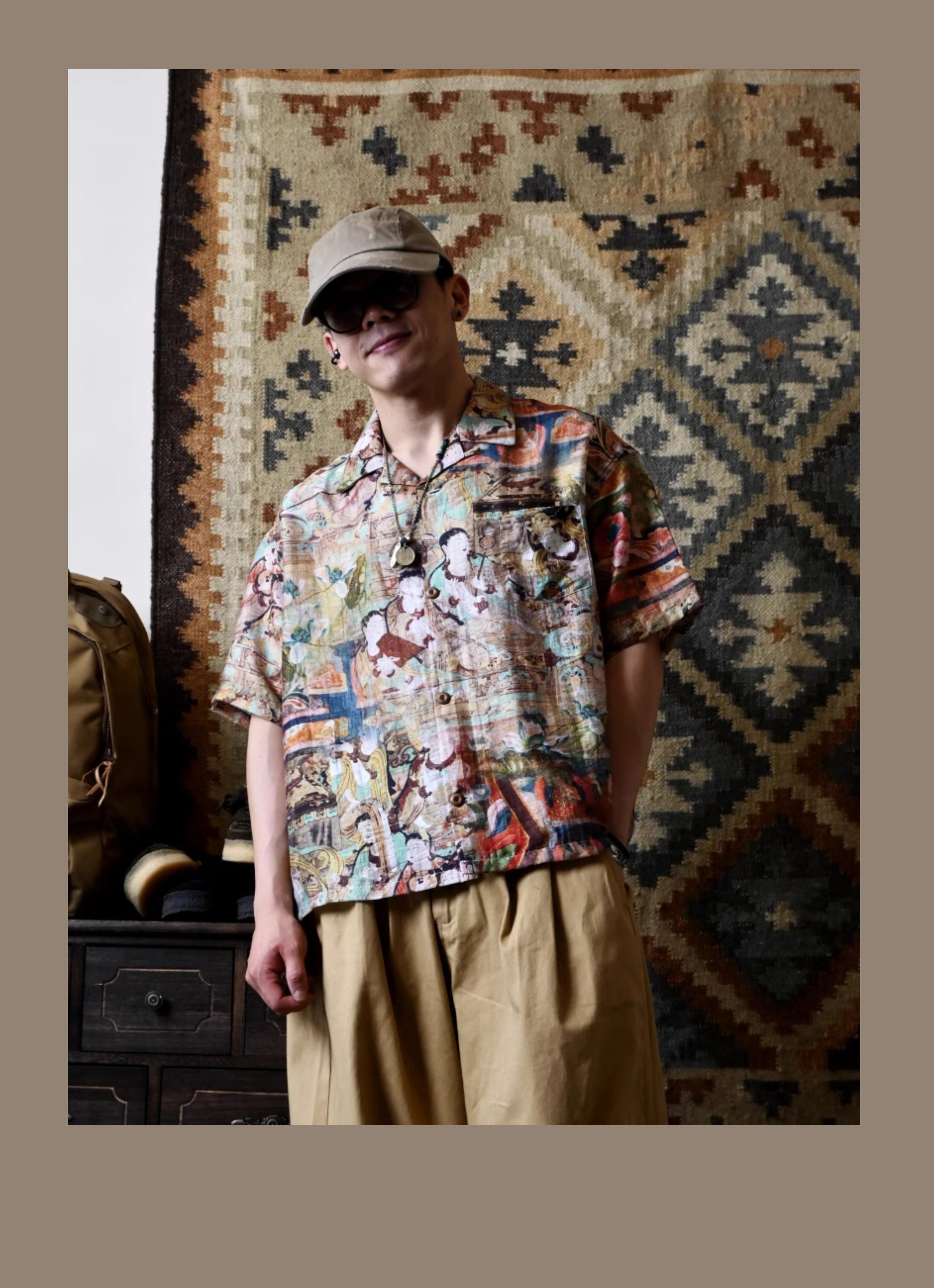 Vintage Loose Print Cuban Collar Shirt Linen Hawaiian Short Sleeve Shirt Dunhuang Summer Trend Brand
