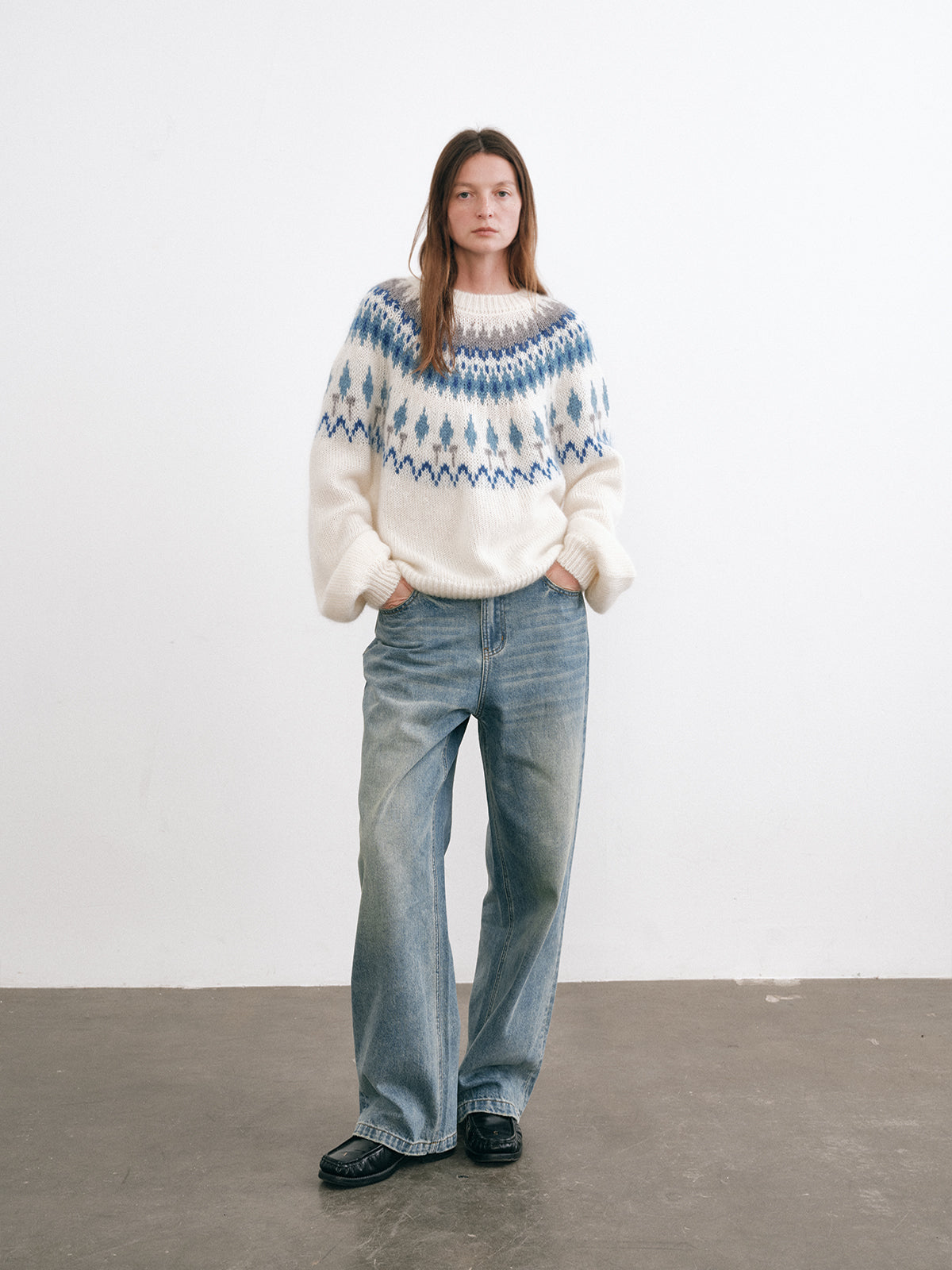 Shyshy Natural Color Block High-Price Mohair Fair Isle Sweater for Women Autumn Winter High-End Loose Pullover Top