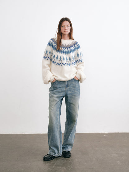 Shyshy Women's Mohair Fair Isle Sweater - High-End Color Block Loose Pullover