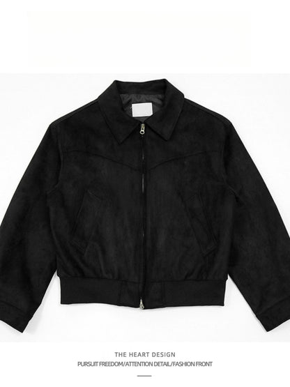 Autumn Winter Retro High Street Suede Short Jacket Men Thickened Stylish Versatile Motorcycle Lapel Flight Casual Jacket